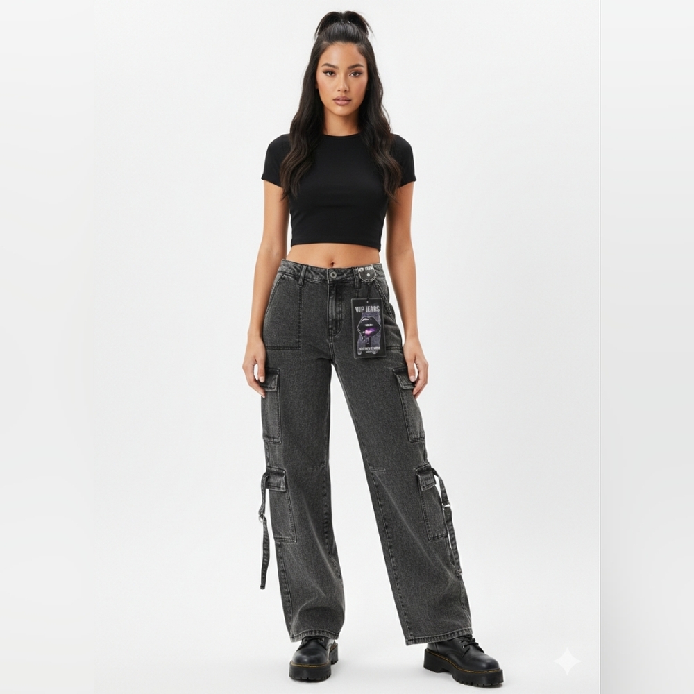 NWT VIP Jeans High Waist Cargo Pants Grey Acid Wash Wide Leg Utility Size 9/29